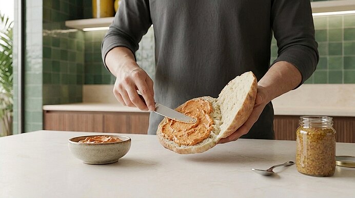 Hände streichen mit einem Messer einen orangefarbenen Aufstrich auf ein aufgeschnittenes Brötchen.