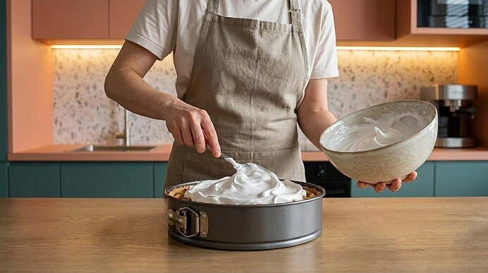 Person in Schürze verteilt steife Baisermasse mit Löffel auf einem Kuchen in einer Springform und hält eine Schüssel, moderne Küche im Hintergrund.