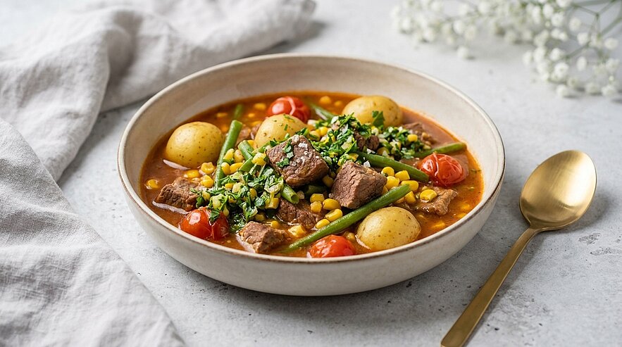 Schale mit herzhafter Rindergemüse-Eintopf: Rindfleischwürfel, kleine Kartoffeln, Kirschtomaten, Mais und grüne Bohnen in kräftiger Brühe, garniert mit gehackten Kräutern; goldener Löffel daneben.