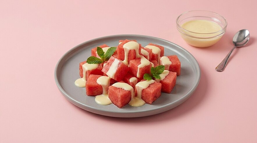 Grauer Teller mit gewürfelter Wassermelone, übergossen mit heller Sahnecreme und mit Minzblättern garniert; daneben kleine Glasschale mit zusätzlicher Soße und Löffel.