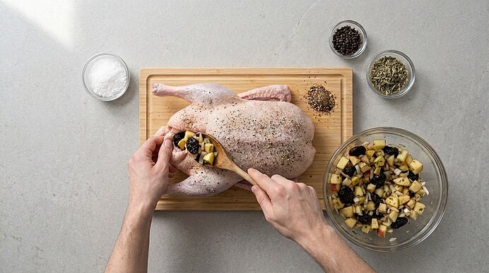 Hände füllen ein ganzes, gewürztes rohes Huhn auf einem Schneidebrett mit einer Mischung aus gewürfelten Äpfeln und Trockenfrüchten; Schalen mit Salz, Pfeffer und Kräutern daneben.