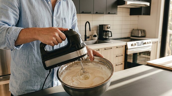 Person rührt mit elektrischem Handmixer cremigen Teig in einer großen Edelstahlschüssel auf der Küchentheke.