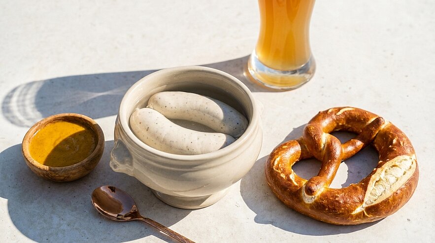 Keramische Schüssel mit zwei Weißwürsten, daneben eine Laugenbrezel, ein Schälchen süßer Senf, ein Löffel und ein Glas Weißbier — typisches bayerisches Frühstück.