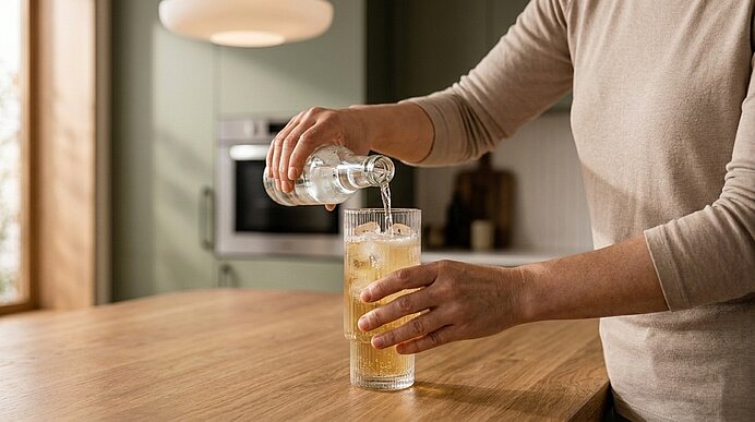 Hand einer Person gießt Sprudelwasser aus einer Glasflasche in ein hohes Glas mit Eiswürfeln auf einer Küchenarbeitsplatte.