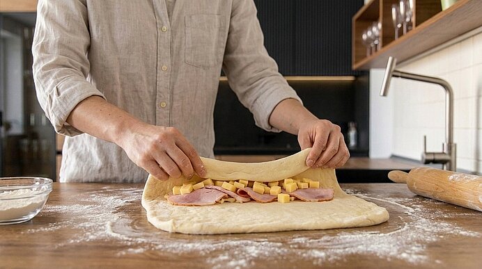 Hände falten Teig über Schinken- und Käsewürfeln auf einer bemehlten Arbeitsfläche, Zubereitung eines gefüllten Brots/Brötchens.