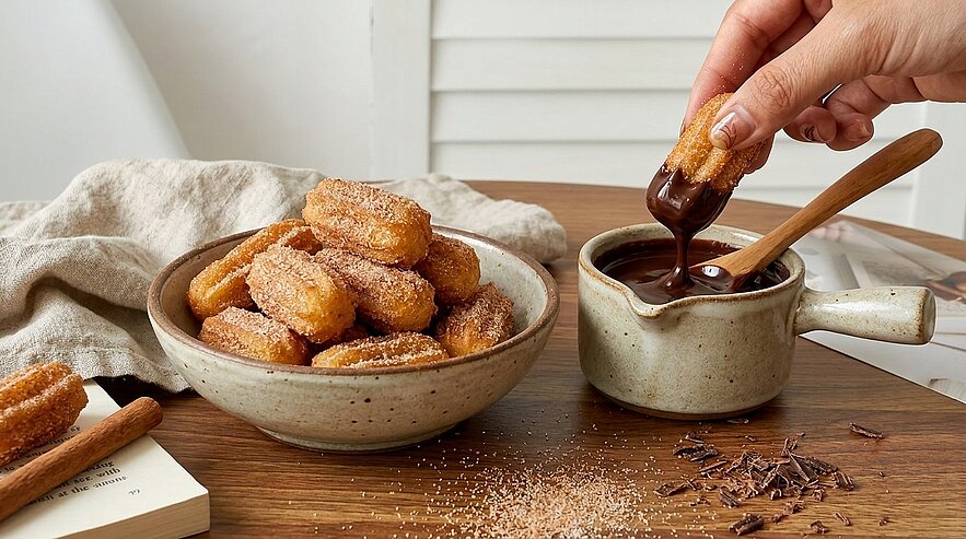 Schale mit zuckrigen Mini‑Churros auf Holztisch; eine Hand taucht einen Churro in ein kleines Kännchen mit dickflüssiger Schokoladensoße.