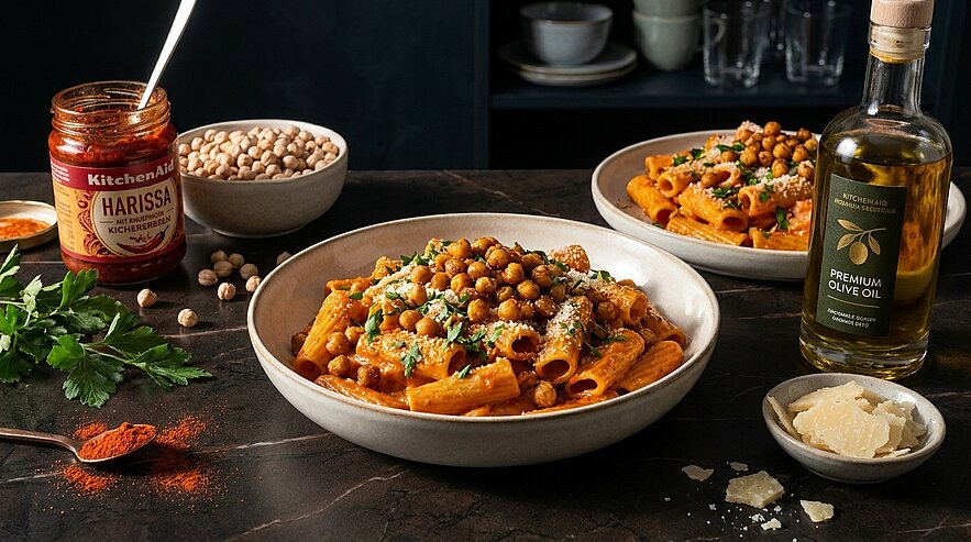 Zwei Schalen Rigatoni in cremiger Tomaten‑Harissa‑Sauce, garniert mit gerösteten Kichererbsen, frischer Petersilie und Parmesanspänen.