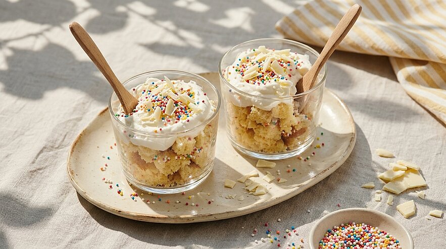 Zwei Dessertgläser mit zerbröseltem Vanillekuchen, Sahnehaube, bunten Streuseln und Holzlöffeln auf einem ovalen Teller; weiße Schokoladenstückchen daneben.