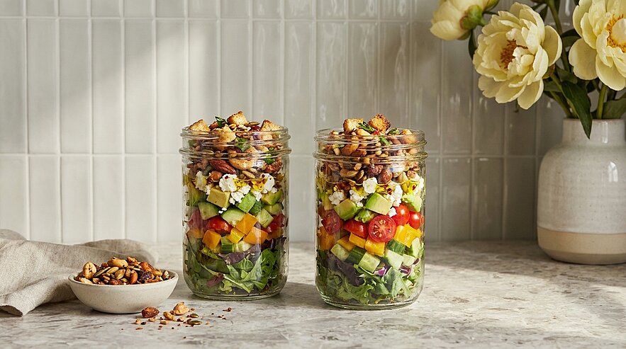 Zwei Einmachgläser mit bunten Schichtsalaten: Blattsalat, Avocadowürfel, Tomaten, Feta und weiteres Gemüse, oben knusprige Nüsse/Granola.