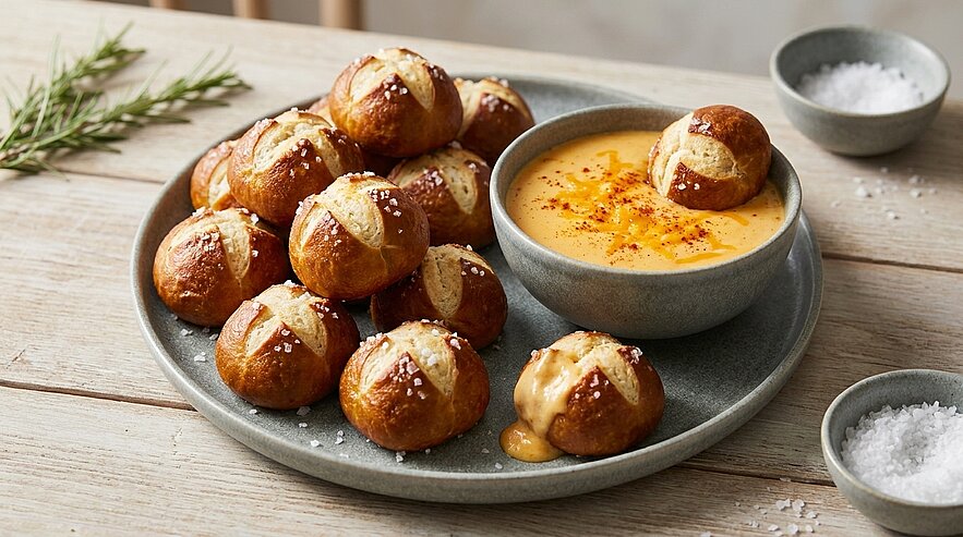 Teller mit mehreren kleinen Laugenbrötchen, einige mit grobem Salz und geschmolzenem Käse, daneben eine Schale cremiger Käsedip, bestreut mit Paprika.