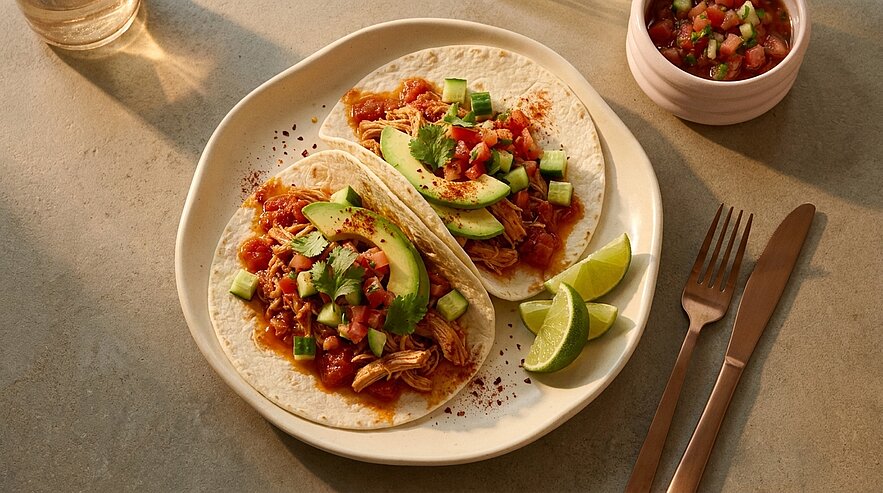 Zwei weiche Tortillas mit zerrupftem Hähnchen, Avocadoscheiben, Pico‑de‑Gallo und Koriander auf einem Teller, dazu Limettenspalten und Salsa.