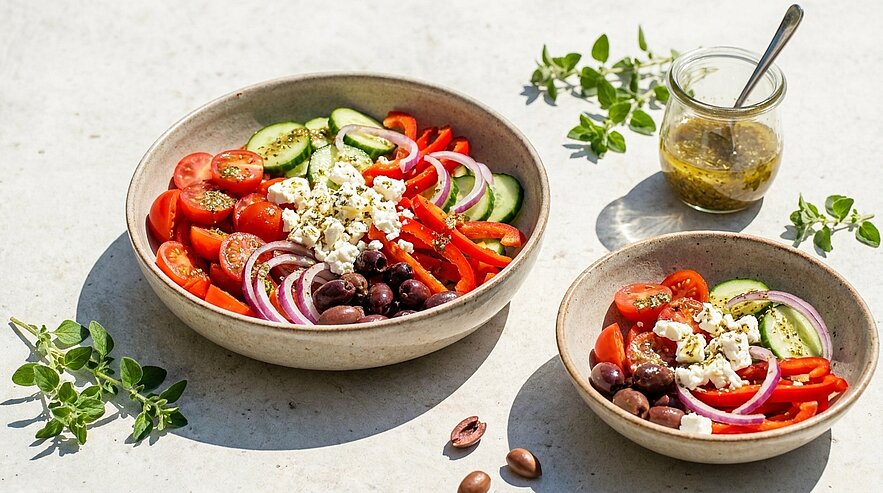 Zwei Schalen mit frischem Salat. Die größere Schale enthält Tomaten, Gurken, rote Paprika, rote Zwiebeln, Oliven und Feta-Käse. Eine kleine Schale zeigt eine ähnliche Mischung. Daneben steht ein Glas mit Dressing und einige Kräuter.