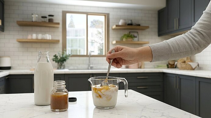 Hand rührt mit Löffel Karamellsauce in ein Glasmaß mit Joghurt auf einer Küchenarbeitsplatte; daneben eine Milchflasche und ein geöffnetes Karamellglas, helle moderne Küche im Hintergrund.