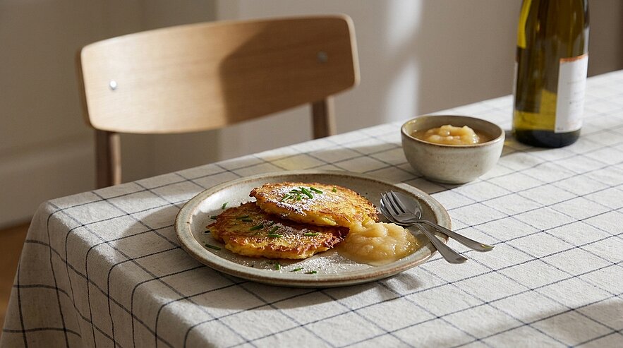 Teller mit drei goldbraunen Kartoffelpuffern, garniert mit Kräutern, daneben Apfelmus in einer kleinen Schale und Besteck auf einem karierten Tisch.