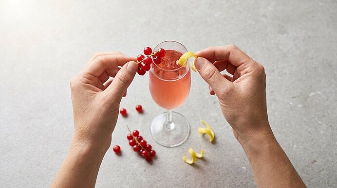 Zwei Hände garnieren ein Sektglas Kir Royal mit Johannisbeeren und Zitronenzeste auf hellgrauer Arbeitsplatte.
