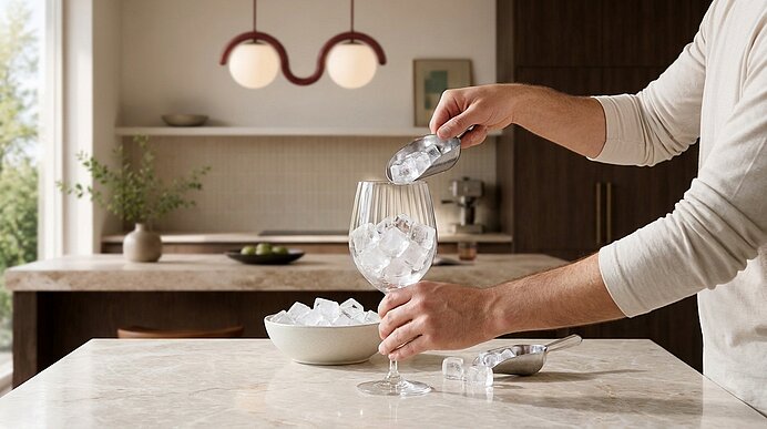 Hände einer Person befüllen ein großes Weinglas mit Eiswürfeln auf einer Küchenarbeitsplatte; Schale mit Eis, dekorative Lampe und moderne Küchenzeile im Hintergrund.