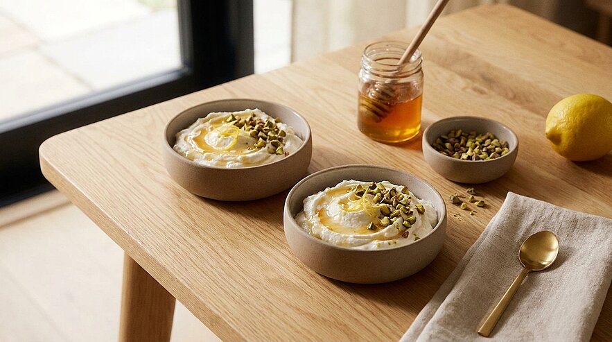 Zwei Schalen mit Joghurt, jeweils mit Honig und gehackten Pistazien garniert; Honigglas und Schale mit Pistazien auf einem Holztisch.
