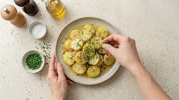 Zwei Hände bestreuen einen Teller mit gekochten, in Scheiben geschnittenen Kartoffeln mit frisch gehacktem Schnittlauch als Vorbereitung für Kartoffelsalat.
