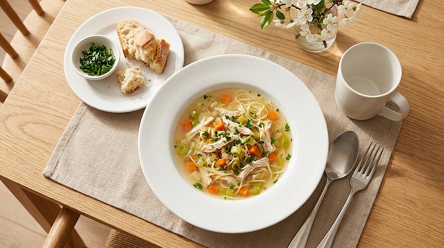 Schale mit klarer Hühnersuppe, dünnen Nudeln, zerkleinertem Hähnchen, Karottenstücken und Kräutern; daneben kleines Tellerchen mit Brot und gehackten Kräutern.