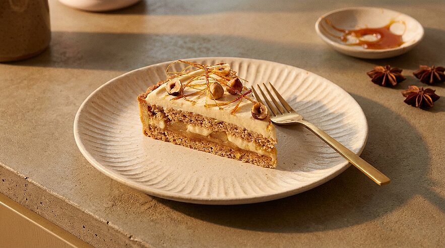 Scheibe Nuss-Karamell-Torte mit Karamellfüllung und gehackten Haselnüssen auf weißem Teller, daneben eine goldene Gabel.