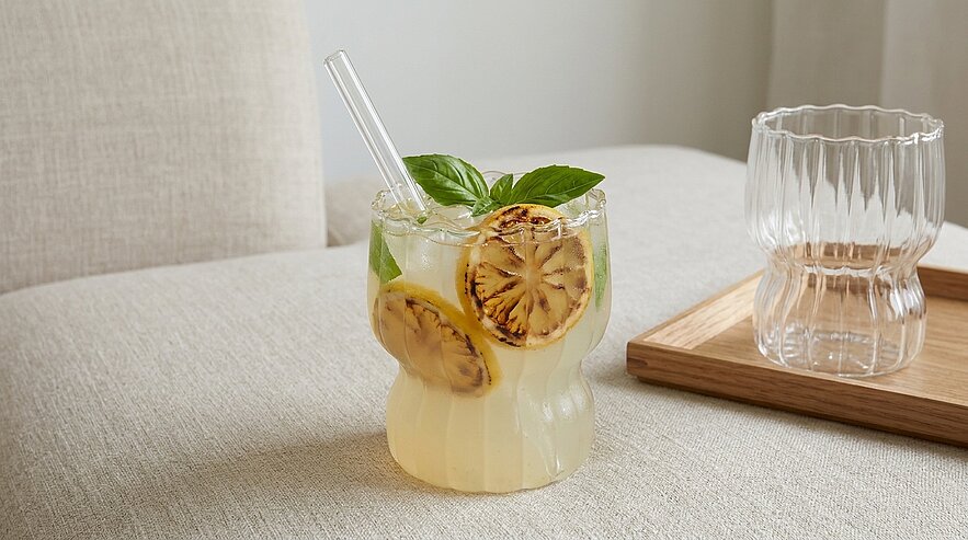 Glas mit eisgekühltem Zitronen-Drink, garniert mit gegrillten Zitronenscheiben, Basilikumblättern und Glasstrohhalm; daneben ein leeres facettiertes Glas auf einem Holzbrett.