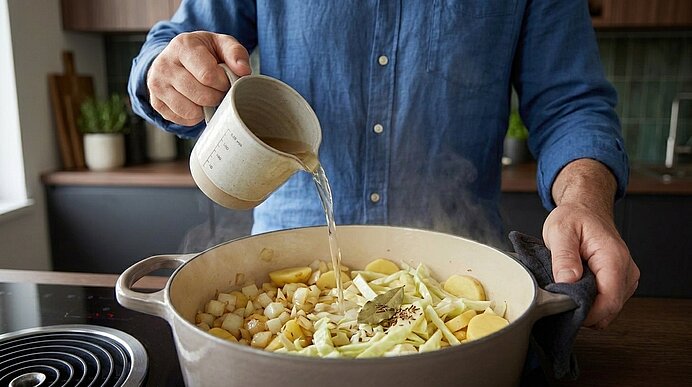 Hände gießen Brühe aus einem Messbecher in einen großen Topf mit Kartoffel-, Kohl- und Zwiebelstücken; Dampf steigt auf.