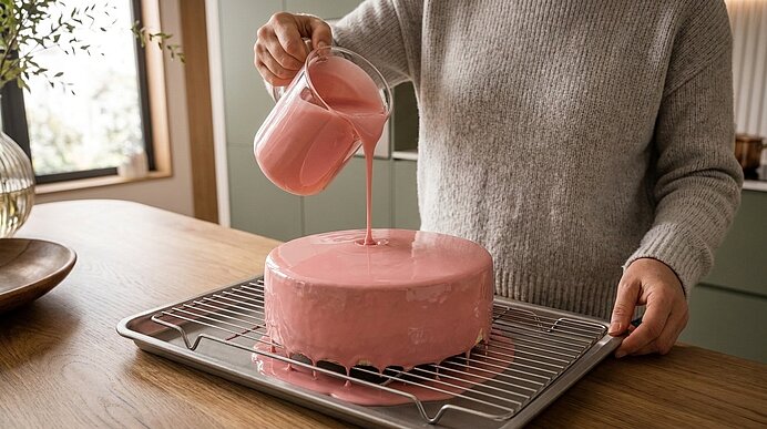 Eine Person gießt mit einem Messbecher rosafarbene Glasur über einen runden Kuchen auf einem Abkühlgitter.