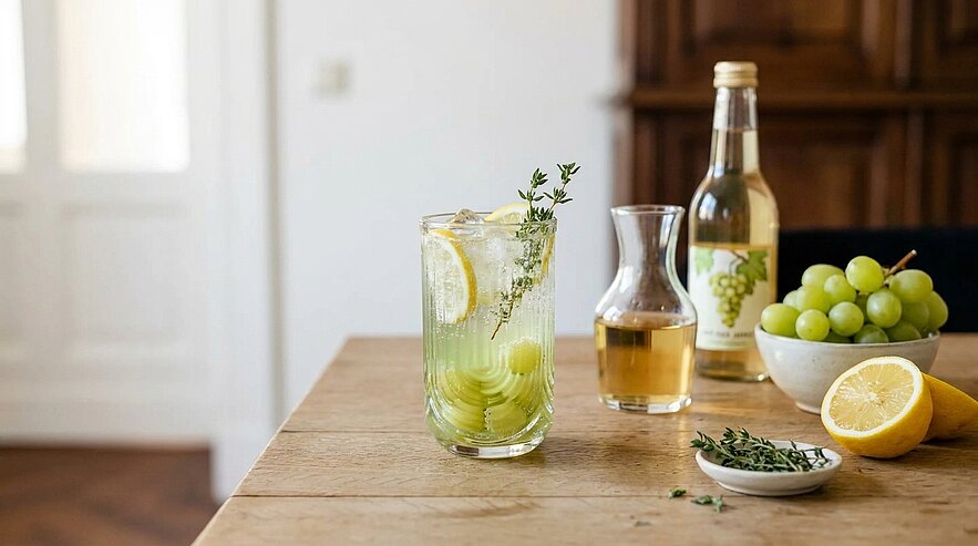Glas mit eisgekühltem, klarem Getränk, grünen Trauben, Zitronenscheibe und Thymianzweig auf Holztisch; daneben Karaffe, Flasche, Schale mit grünen Trauben und halbierte Zitrone.