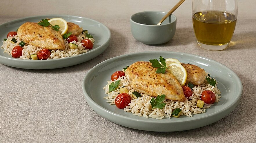 Zwei Teller mit gebratener Hähnchenbrust auf Reis, garniert mit gerösteten Cherrytomaten, Petersilie und Zitronenscheiben.