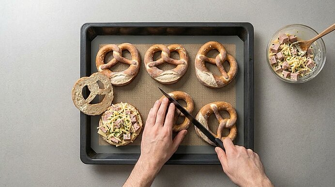Zwei Hände halbieren eine Brezel auf dem Backblech. Daneben eine gefüllte Brezel und eine Schüssel Füllung.