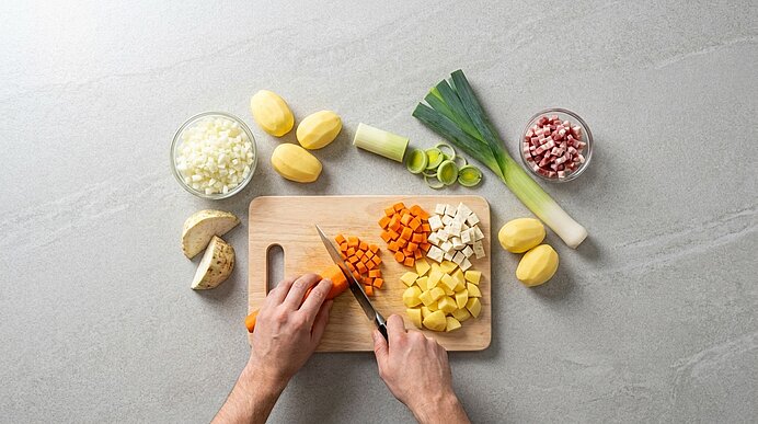 Hände schneiden auf einem Holzbrett Gemüse: gewürfelte Karotten, Kartoffeln und Pastinaken; daneben Lauch, geschälte Kartoffeln, eine Schüssel gehackter Zwiebeln und eine Schüssel gewürfelten Specks.
