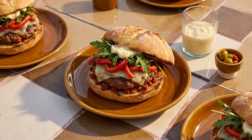 Belegter Burger mit rustikalem Brötchen, saftigem Rindfleischpatty, geschmolzenem Käse, Rucola und roten Paprikastreifen auf einem Teller.