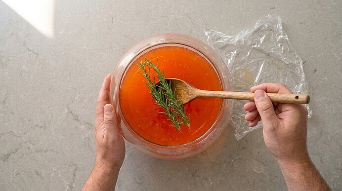 Zwei Hände nehmen mit einem Holzlöffel Rosmarinzweige aus einer Glasschüssel mit orangeroter Aperol-Mischung.
