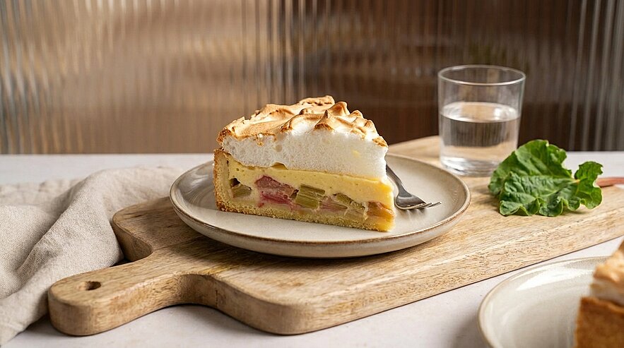 Ein Stück Kuchen mit einer Meringue-Decke, gefüllt mit einer Creme und Rhabarberstücken, liegt auf einem Teller. Daneben steht ein Glas Wasser auf einem Holzbrett. Der Hintergrund ist in sanften, neutralen Farben gehalten.