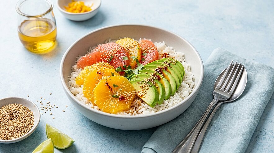 Schüssel mit Reis, darauf aufgeschnittene Avocado und Scheiben von Orange und Grapefruit, bestreut mit Sesam und mit Dressing beträufelt.