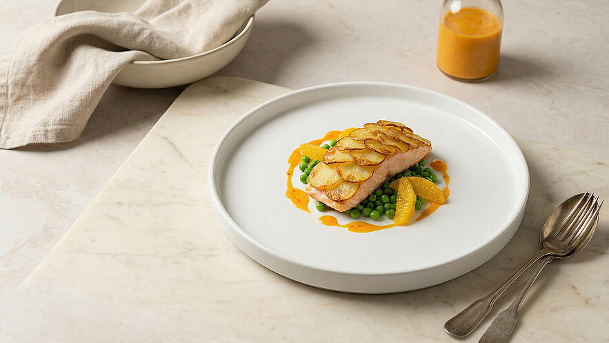 Ein elegantes Gericht auf einem weißen Teller: gegrillter Lachs mit knusprigen Kartoffelscheiben, umgeben von frischen Erbsen und einigen Orangenstücken. Eine orangefarbene Sauce verleiht dem Gericht eine lebendige Note. Im Hintergrund befinden sich Besteck und eine kleine Glasflasche mit Sauce.