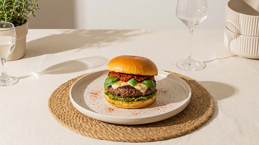 Ein leckerer Burger mit einem saftigen Patty, frischem Basilikum, getrockneten Tomaten und einer cremigen Soße, serviert auf einem weißen Teller. Der Burger ist mit einem weichen Brötchen bedeckt und steht auf einem Juteteppich. Ein Glas Wasser und Weingläser sind im Hintergrund sichtbar.
