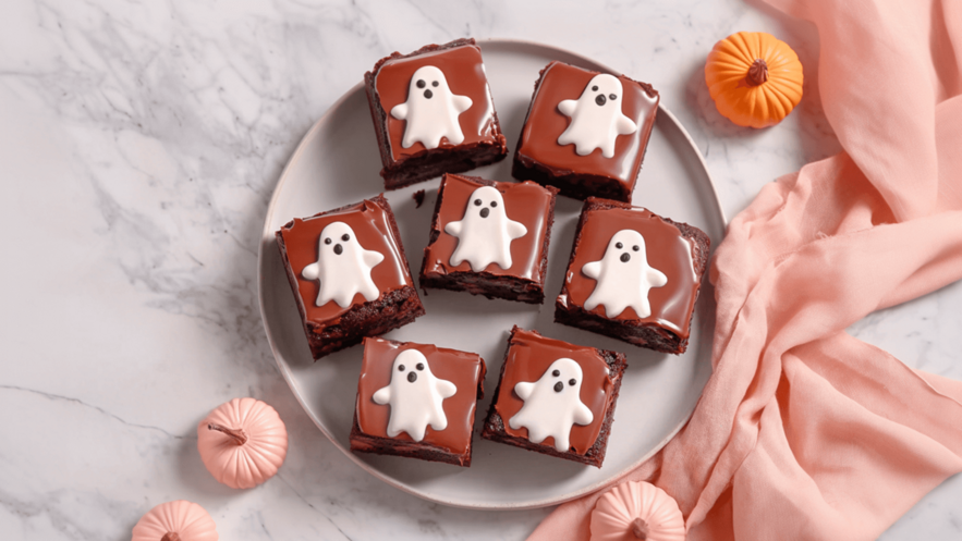 Auf einem runden Teller liegen mehrere Schokoladenkekse, die mit einer glänzenden Schokoladenglasur überzogen sind. Jeder Keks ist mit einem kleinen weißen Gespenst aus Zuckermasse dekoriert. Daneben sind einige kleine orangefarbene Kürbisse zu sehen.