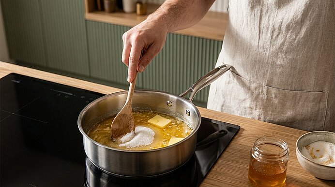 Person rührt mit Holzlöffel in einem Topf auf dem Herd, in dem Butter schmilzt und Zucker in eine goldene Flüssigkeit eingerührt wird.