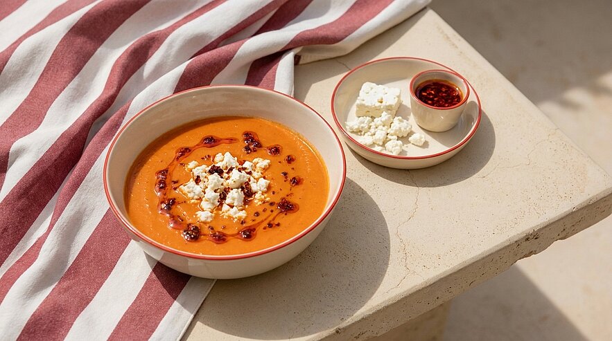 Schale mit cremiger oranger Suppe, garniert mit zerbröseltem Feta und Chililöl; daneben kleiner Teller mit extra Feta und Schälchen Chiliöl, auf hellem Untergrund.