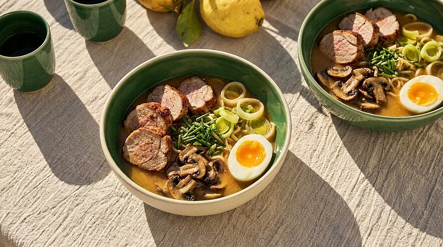 Zwei Schalen mit einer herzhaften Suppe, gefüllt mit Scheiben von Fleisch, Frühlingszwiebeln, Pilzen und einem halben Ei in der Mitte. Die Schalen stehen auf einem Tisch, umgeben von einigen kleinen Tassen und Früchten.