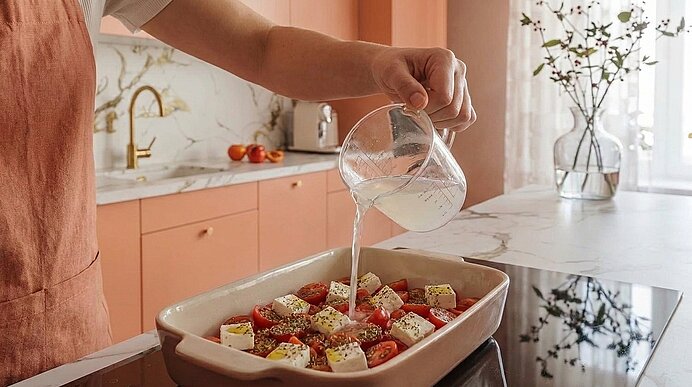 Hand gießt Flüssigkeit aus Messbecher in Auflaufform mit halbierten Tomaten und Feta‑Würfeln, mit Kräutern bestreut, zum Backen vorbereitet.