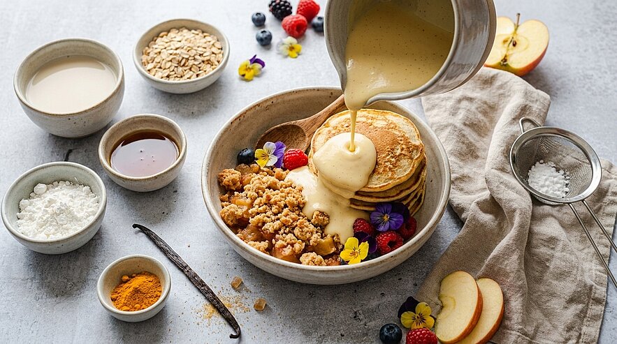 Schale mit gestapelten Pfannkuchen, knusprigem Granola, frischen Beeren und essbaren Blüten; eine cremige Sauce wird über die Pfannkuchen gegossen.