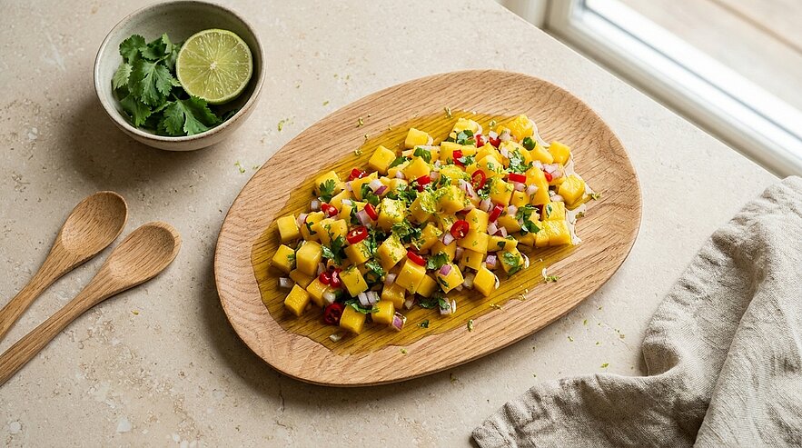 Holzplatte mit frischer Mango‑Salsa: gewürfelte Mango, rote Chili‑ und Zwiebelstücke sowie gehackter Koriander, dekorativ angerichtet.