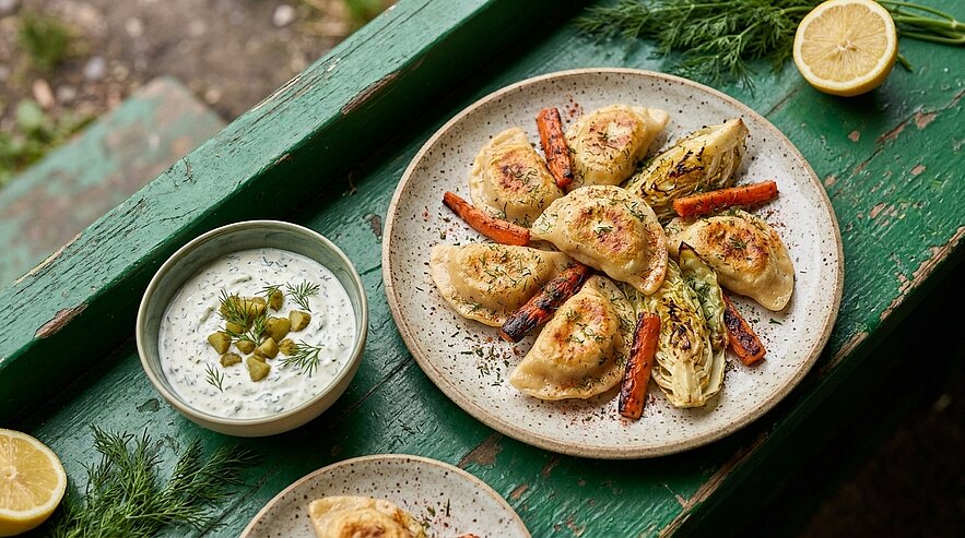 Ein Teller mit gefüllten Teigtaschen, umgeben von geröstetem Gemüse wie Karotten und Kohl. Neben dem Teller befindet sich eine Schüssel mit einer cremigen Dipsauce, garniert mit Kapern und frischem Dill. Zitrone und Kräuter ergänzen das Arrangement.