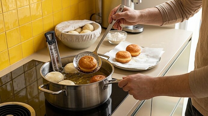 Person entfernt mit einem Schaumlöffel frittierte Krapfen aus einem Topf heißem Öl; fertige Krapfen liegen auf Küchenpapier neben dem Herd.