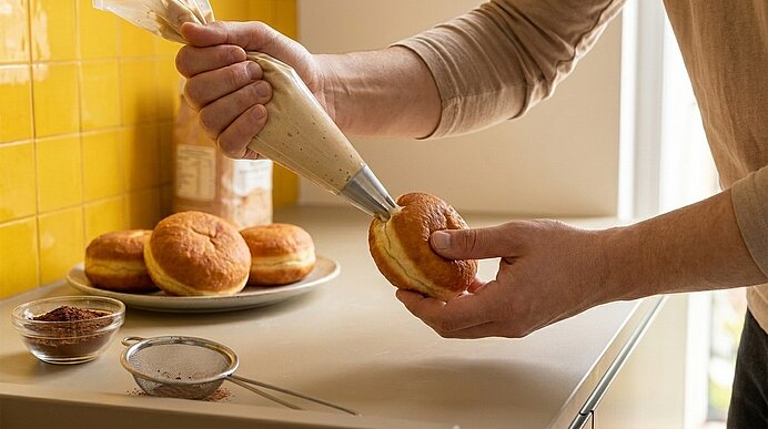 Nahaufnahme: Hände drücken Füllung aus einer Spritztüte in einen Krapfen; auf der Arbeitsfläche steht ein Teller mit weiteren Krapfen.