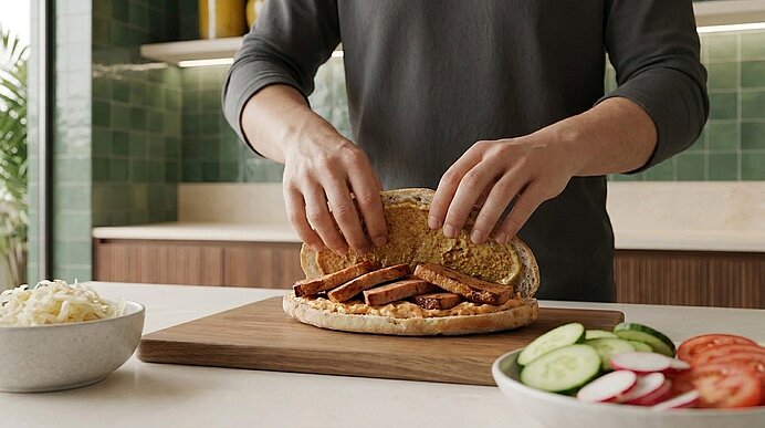 Hände füllen ein aufgeschnittenes Sandwich mit gebratenen Tofuscheiben auf einem Holzbrett; daneben Schüsseln mit Gurken-, Tomaten- und Krautsalat in einer Küche.