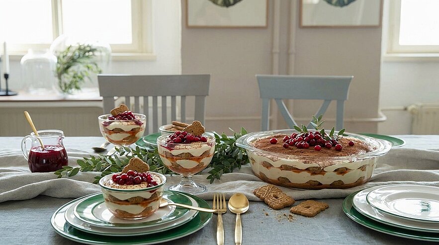 Tisch mit Gläsern und einer großen Auflaufform voller geschichteter Dessertcreme mit Biskuit und roten Beeren, dazu kleine Dessertschalen, ein Glas mit Beerensauce, Teller und Besteck.