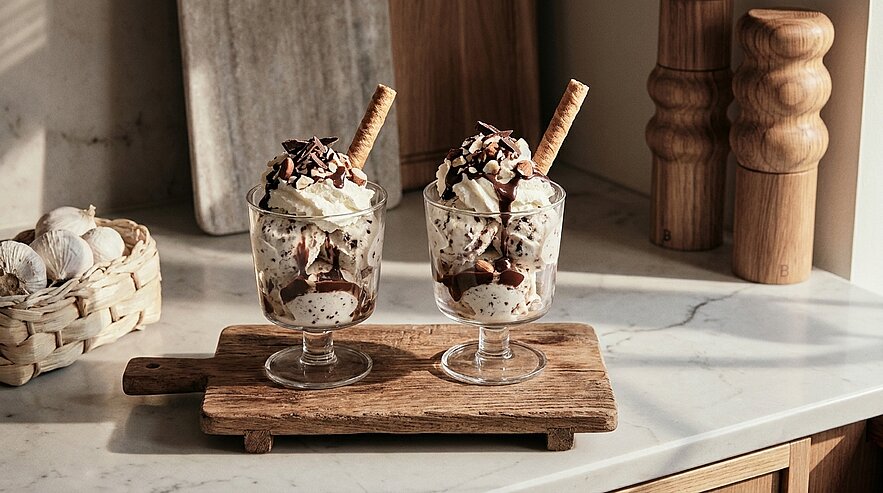 Zwei Gläser mit Eisbechern: Vanille- und Schokoeis mit Schlagsahne, Schokoladensoße, Schokoraspeln und zwei langen Waffelröllchen, präsentiert auf einem kleinen Holzbrett.